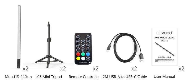 LUXCEO 2-pack 120cm RGB Mood Light Bluetooth APP Control LED Atmosphere Lamp Stick for DJ Lighting/Dance Club/Photo Studio/Party