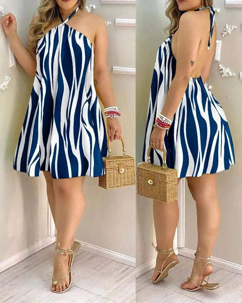 Tropical Print Halter Neck Dress, Vacation Style Backless Dress For Spring & Summer, Women's Clothing